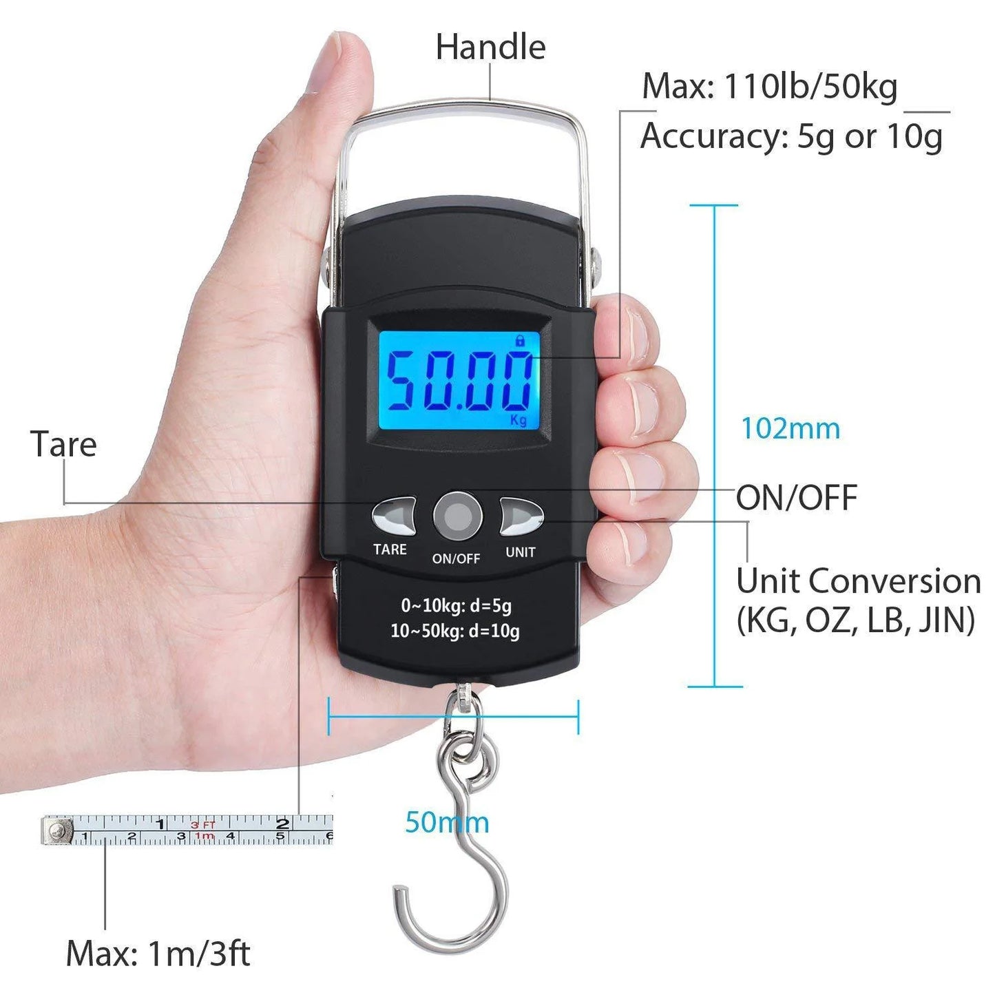 Portable 110lb/50kg Hanging Scale Digital Scale BackLight Electronic Fishing Travel scale