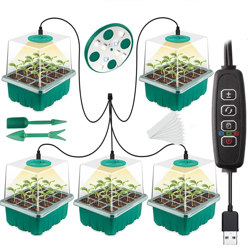 Full Spectrum LED Grow Light with Seedling Tray Plant Seed Starter Trays, with Holes 12 Cell Per Tray