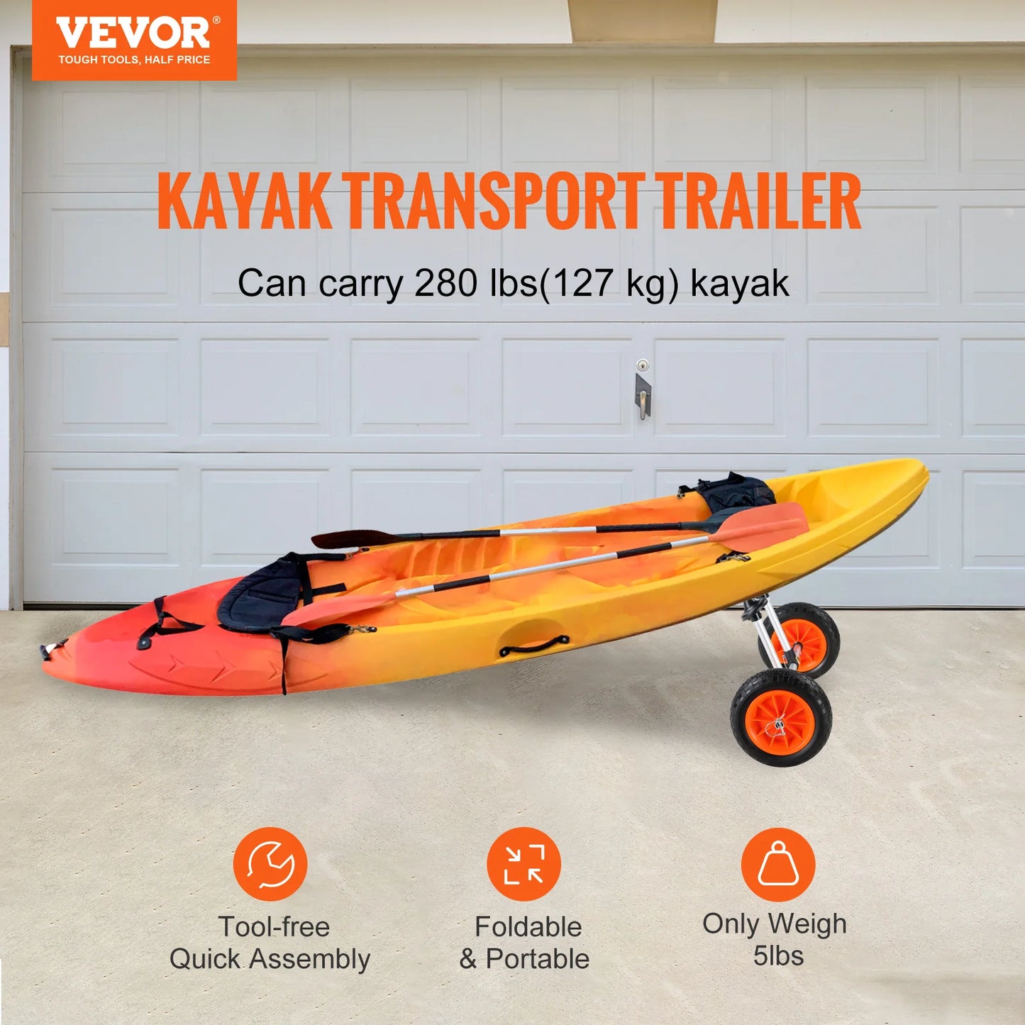 VEVOR Heavy Duty Kayak Cart, Detachable Canoe Trolley Cart with 10'' Solid Tires, Adjustable Width & Top Foam Protection