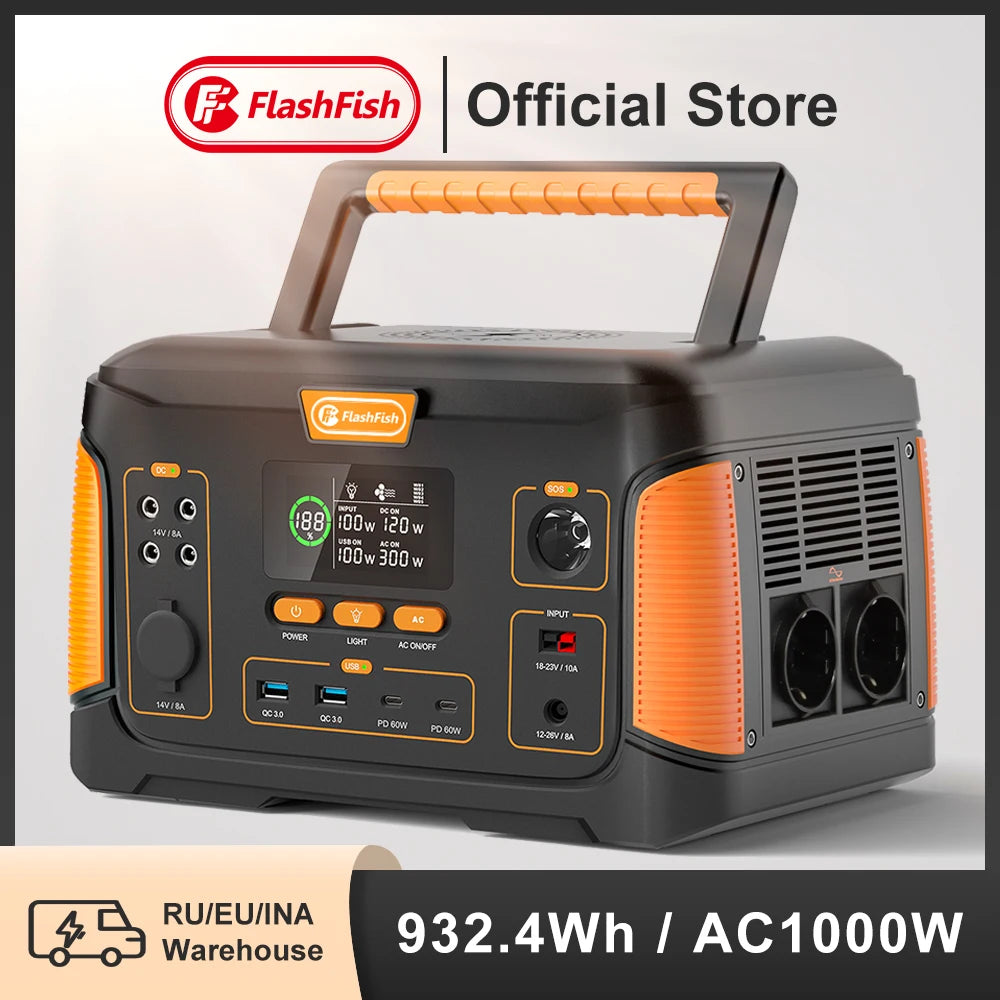 FF Flashfish J1000 PLUS 1000W Portable Power Station 932Wh Solar Generator Battery Supply 125W DC 60W PD for Outdoor Camping