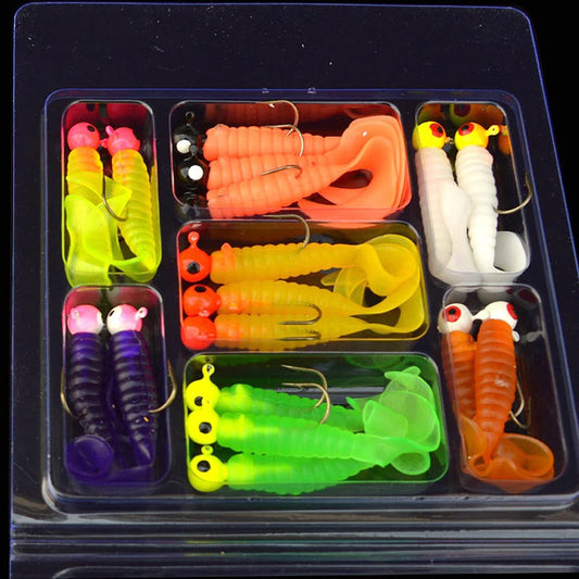 34pcs 1 Set 17pcs Metal Jig Head Fishing Hooks + 17pcs Soft Worm Lure